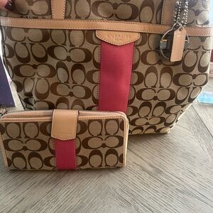 Coach Tan and Pink Signature Bag and Wallet Set